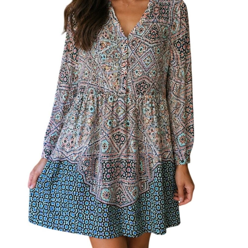 Maeve Anthropologie Smocked Boho Mosaic Dress Large